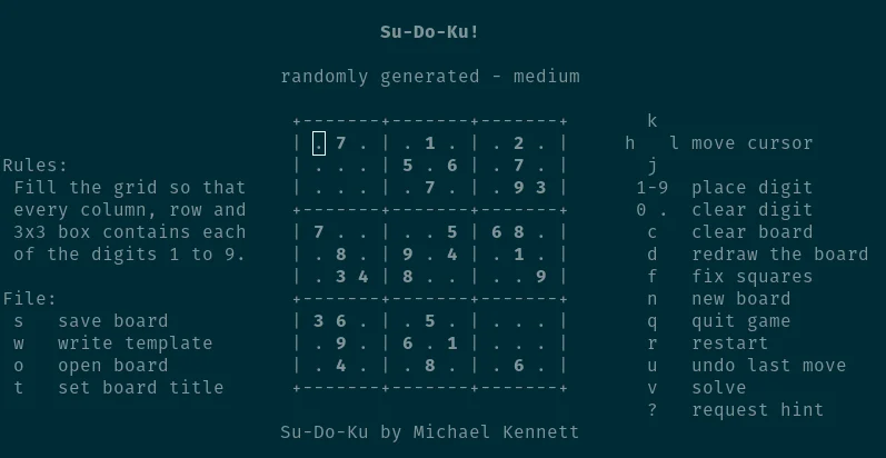 Terminal window with Sudoku game interface